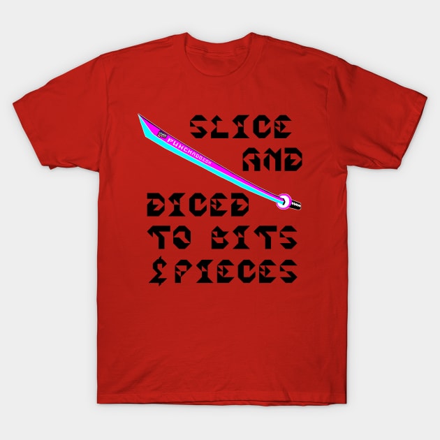 Slice And Diced To Bits and Pieces, v. Code Cyan Magenta Blk Text T-Shirt by punchado